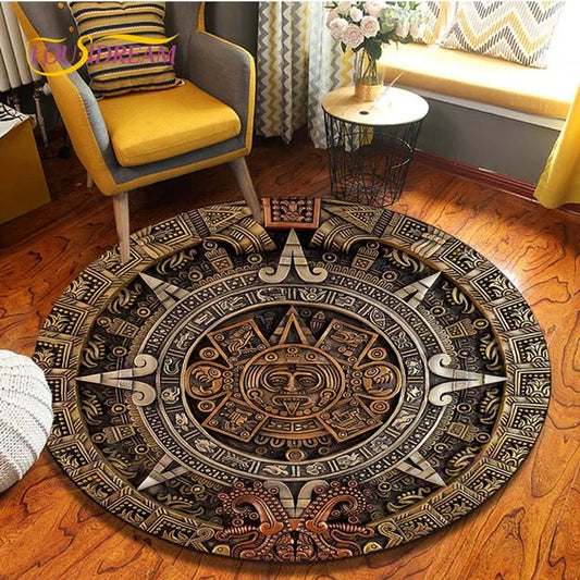 Ancient Aztec Ethnic Tribal Mayan Calendar Print round Rugs Living Room round Carpet Rugs Bedroom Chair Mat